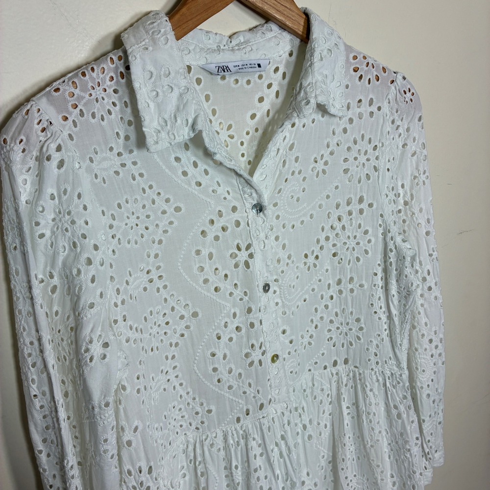 Zara Eyelet Embroidered Tiered Midi Dress Size M White Long Sleeve Bridal Beachy - Picture 3 of 10